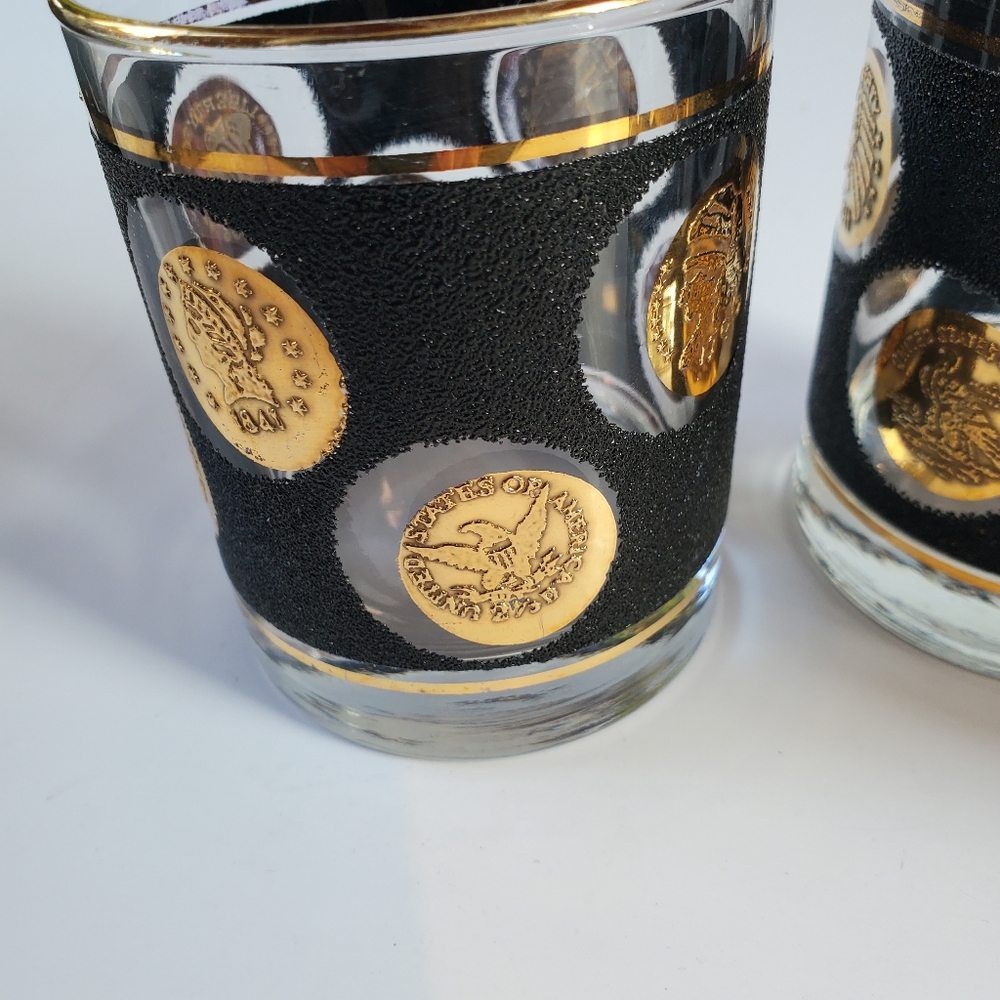 3 Libbey Whiskey Glasses Gold Coins Black Pebble Texture‎ Mid-century Modern - Picture 3 of 5